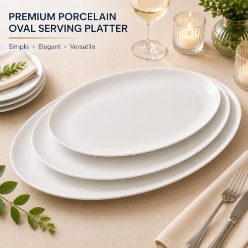White Serving Platters Set of 3, 16/14/12 Inch Oval Porcelain Serving Platters, Serving Dishes for Entertaining, Party, Appetizers, Cheese, Dessert and Food Display