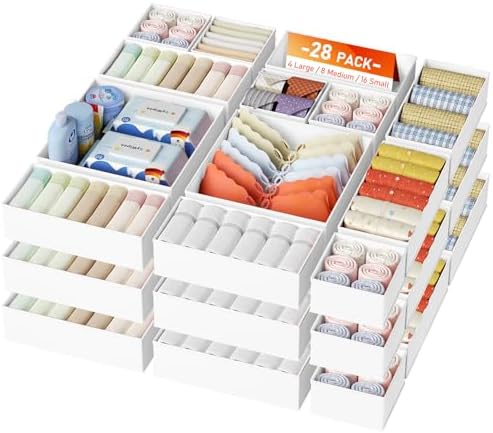 DIMJ Drawer Organizer Clothes, 26Pack Dresser Organizer, Foldable Closet Organizers and Storage, Fabric Dresser Bins, Drawer Dividers for Nursery, Baby Clothes, Underwears, Sock,White