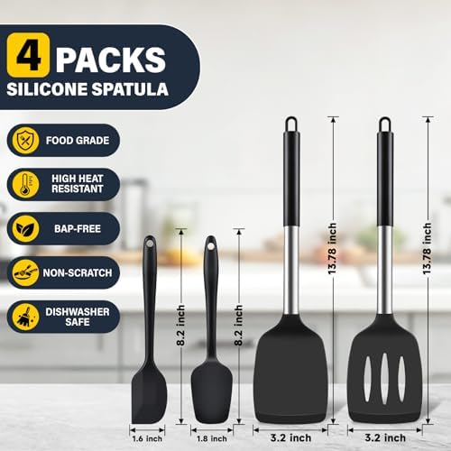 Silicone Spatula Set, Heat Resistant Solid & Slotted Turner for Non-Stick Pans, BPA-Free Silicone Cooking Utensils, Flexible Spatula for Flipping Eggs, Burgers, Pancakes, Fish, Black, 4 PCS-A