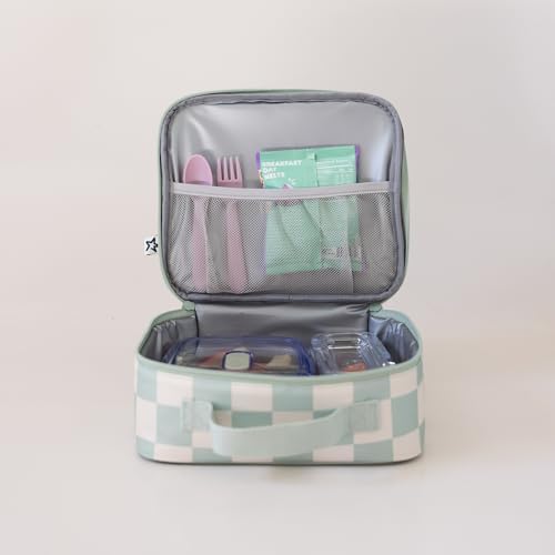 Tiny Twinkle Insulated Lunch Box for Girls and Boys | Durable and Reusable for School & Travel | Ages 3 and Up | Waterproof and Easy to Clean | PFAs and BPA Free（Sage Checkers）