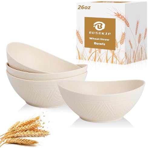 Wheat Straw Bowls Set of 4, Unbreakable Cereal Bowl 26 OZ, Microwave & Dishwasher Safe Kitchen Bowl for Ramen, Salad, Oatmeal, Rice, Plastic Bowls Reusable for Camping - Beige