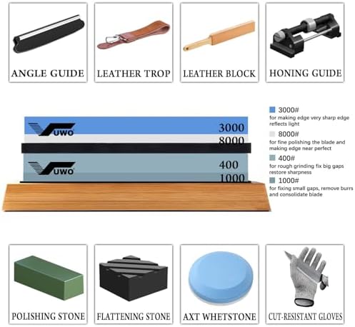 Knife Sharpening Stone Kit - Whetstone Dual Grit 400/1000 3000/8000 Premium Sharpener Set with Leather Strop, Flattening Stone, Honing Guide, Bamboo Base, Angle Guide, Cut Resistant Gloves