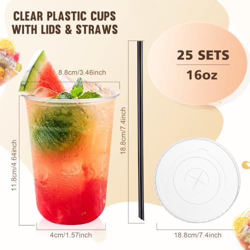tchrules 25 Set 16oz Clear Plastic Iced Coffee Cups with Lids and Straws
