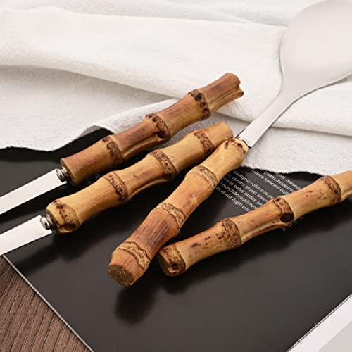 Serving Spoon and Fork Set, 304 Stainless Steel Serving Utensils with Natural Bamboo Handle, 10" Long Handle Serving Set for Kitchen Party Buffet, 4 Pieces / 2 of Each