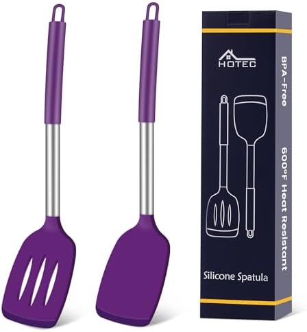 HOTEC Silicone Spatula Set of 2 Heat-Resistant 600°F & BPA-Free Kitchen SaptulaTurner with Stainless Steel Handles, Slotted & Solid Spatulas for Nonstick Cookware, 13.7 Inch, Purple