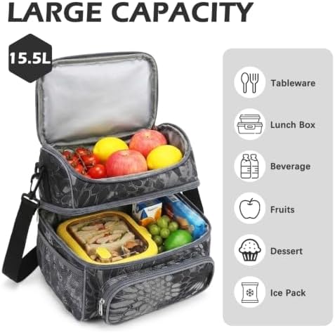 FlowFly Double Layer Cooler Insulated Lunch Bag Adult Lunch Box Large Tote Bag for Men, Women, With Adjustable Strap,Front Pocket and Dual Large Mesh Side Pockets