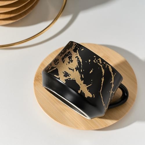 LUKA Ceramic Espresso Cups with Saucers and Metal Stand, Small 4 oz Porcelain Demitasse Cups Set of 6, Cute Cappuccino Coffee Cups for Double Espresso, Tea, Marbling Black