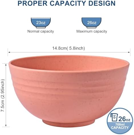 HOTEC 8-Pack 26oz Wheat Straw Cereal Plastic Bowls set, Multicolor