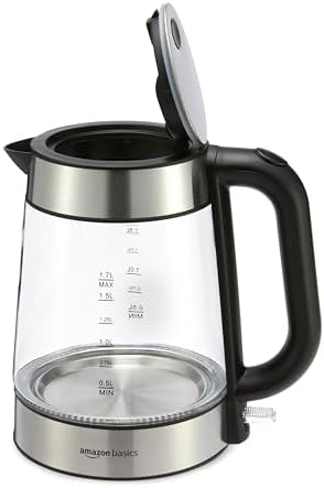 Amazon Basics Electric Kettle with Glass Carafe for Tea and Coffee, BPA-Free, Fast Boiling, Auto Shut-Off, Boil-Dry Protection, Water Level Indicator, 1.7 Liter, 1500W, Black and Silver