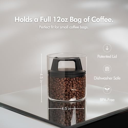 KIVY Vacuum Coffee Canister - Push Lid Preserves Coffee Aroma & Oil - Glass