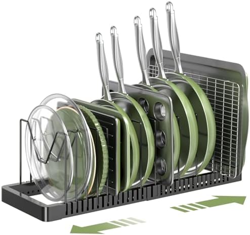 PanPanPal Pots and Pans Organizer under Cabinet, Expandable Pot Lid Organizer Holder with 14 Adjustable Compartment, Pan Organizers inside Cabinet for Lids, Bakeware, Kitchen Storage Pot Rack, Black