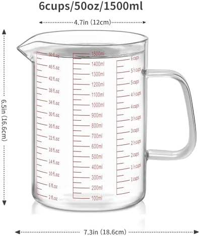 Luvan 6 Cups Glass Measuring Cup, Easy to Read with 3 measurement scales (Ml/Oz/Cup), Insulated Handle and V-shaped Spout, High Borosilicate Glass Measuring Cup, Ideal for Kitchen or Restaurant