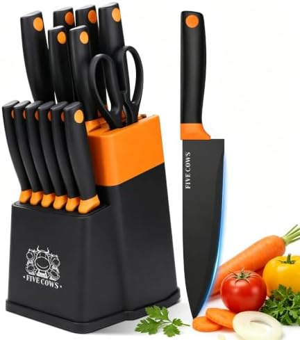 14 Pcs Kitchen Knife Block Set with Sharpener German High Carbon Stainless Steel Chef Knives, Razor-Sharp & Durable, Lightweight Anti-Slip Handle, Professional Set for Home & Kitchen (Orange)