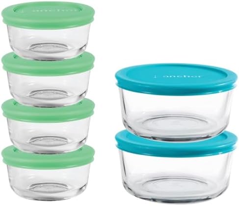 Anchor Hocking 12 Piece Glass Storage Containers with Lids (6 Glass Food Storage Containers & 6 Mixed Blue SnugFit Lids)