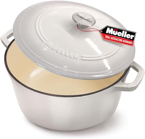 MUELLER HOME 4.5 QT Enameled Cast Iron Dutch Oven, Heavy-Duty Casserole Dish and Braiser Pan with Lid and Stainless Knob, Oven-Safe up to 500° F & Across All Cooktops, Oyster White