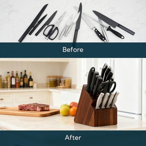 KITCHENDAO 20 Slot Acacia Wood Knife Block without Knives, Universal Knife Holder for Kitchen, Holding Multiple Types of Knives, Countertop Butcher Block Knife Stand for Easy Kitchen Storage