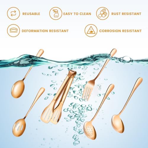 Rose Gold Serving Utensils Set Stainless Steel, Large Metal Serving Spoons, Slotted Spoons, Forks, Tongs, Soup and Skimmer Spoon, Cake Server serveware for Partie, Buffet, Catering, Entertaining 15pcs