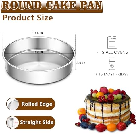 LIANYU Cake Pan 9 Inch Round, Stainless Steel Round Wedding Cake Baking Pan