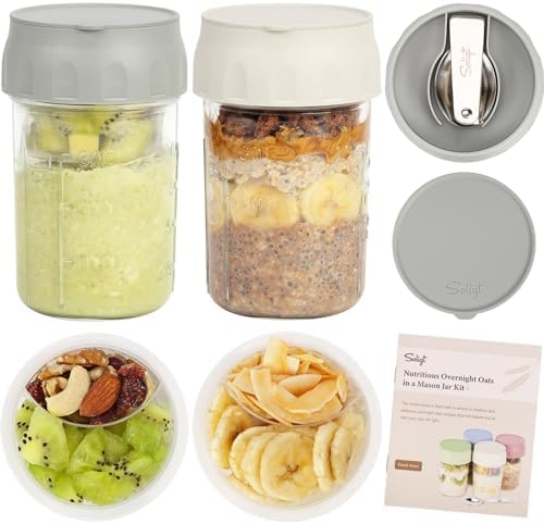 SOLIGT Overnight Oats Containers with Lids, Folding Spoons and Divided Compartment for Fruit & Nuts, Small Glass 16oz Mason Jars for Oatmeal Yogurt Parfait (2 Set-Smoke Gray/Oat White)