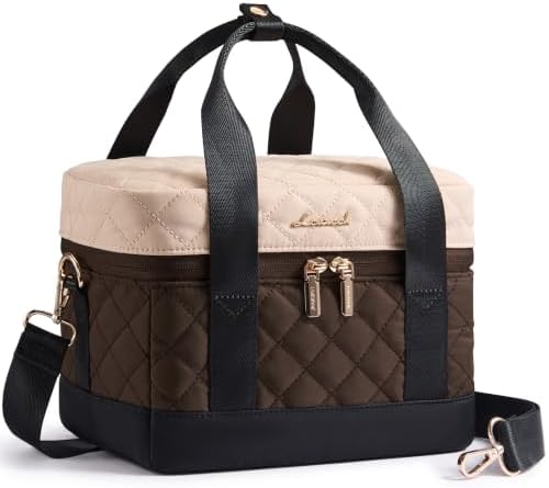 LOVEVOOK Insulated Lunch Box for Women Men, Reusable Lunch Bag with Large Capacity, Leakproof Cooler Lunch Tote for Work, Office, Outdoor Use, Coffee-khaki-black-Diamond pattern