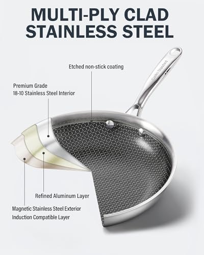 Cooks Standard 12-Inch Stainless Steel Hybrid Nonstick Wok with Glass Lid