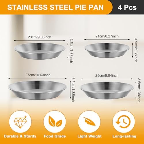 4 Pcs Stainless Steel Pie Pan Set, Pizza Pan Deep Pie Dish Pie Plate Baking Tray Dishes for Pizza Baking Serving Oven Grill, 4 Sizes