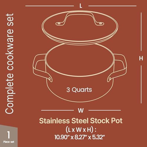 Bakken 3 Quart Ceramic Coated Stock Pot with Lid, Easy to Clean Nonstick Pot, Tempered Glass Lid, Riveted Stainless Steel Handles, Oven Safe Up To 500°F, PTFE & PFAS Free, All Stove Compatible, Blue
