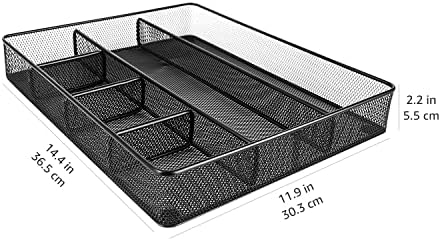 Amazon Basics Metal Mesh Desk Organizer with 6 Compartments, Anti-Slip Pen Holder Storage Tray for Office Supplies and Home, Black