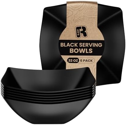 R-kay 6 Pack Square Plastic Serving Bowls - Black Plastic bowls 32 Oz - Premium Black Disposable bowls Heavy Duty For Weddings Catering And Birthday parties