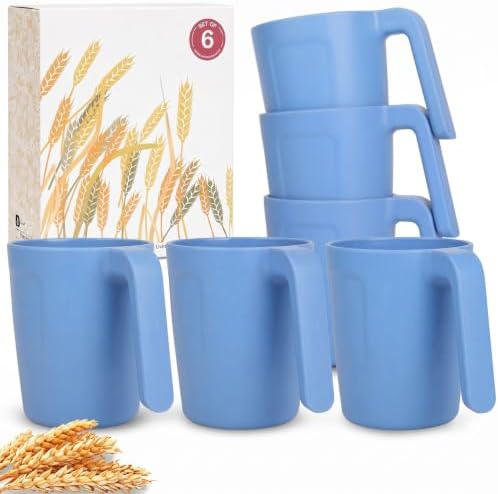 Wrova 16oz Wheat Straw Cups with handles set of 6-Plastic Cups Reusable-Unbreakable Kids Mugs-Dishwasher Safe & Microwave Safe-Ideal Plastic Mugs for Tea,Coffee,Camping,RV-Sky Blue