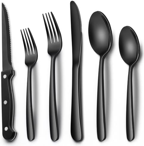 EWFEN 24-Piece Black Silverware Set with Steak Knives, Black Flatware Set for 4, Food-Grade Stainless Steel Tableware Cutlery Set, Mirror Finished Utensil Sets for Home Restaurant, Heavy Duty
