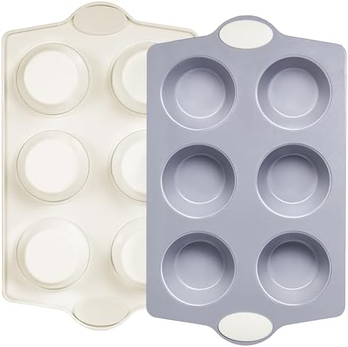 BRONYPRO 2-Pack 6-Cup Non Toxic Nonstick Ceramic Jumbo Muffin Pan & Cupcake Tin, PFOA & PFOA Free, Heavy Duty Rust-Resistant Aluminized Steel, Oven Safe, Cream White