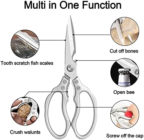CGBE Kitchen Scissors, Multi-Purpose Kitchen Shears, Heavy Duty Dishwasher Safe Food Scissors for Chicken, Poultry, Fish, Meat & Herbs with Non-Slip Grips - Sliver