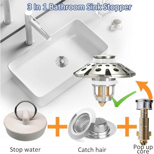 AzWzz Bathroom Sink Drain Strainer, 3 in 1 Pop Up Bathroom Sink Stopper