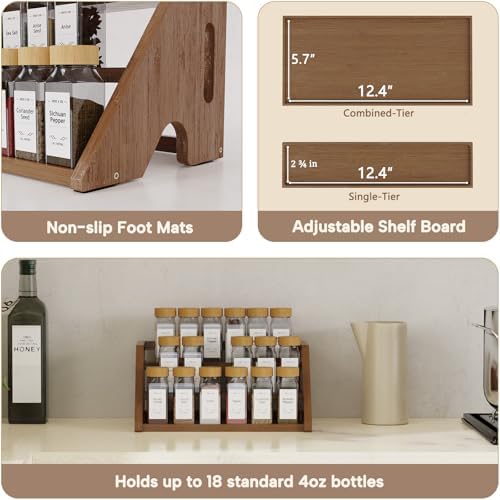 Bamboo Spice Rack Organizer -3-Tier Spice Rack for Countertop,Cabinet Spice Rack Organizer for 18 Spice Jars(4oz)，Step Shelf(Walnut)