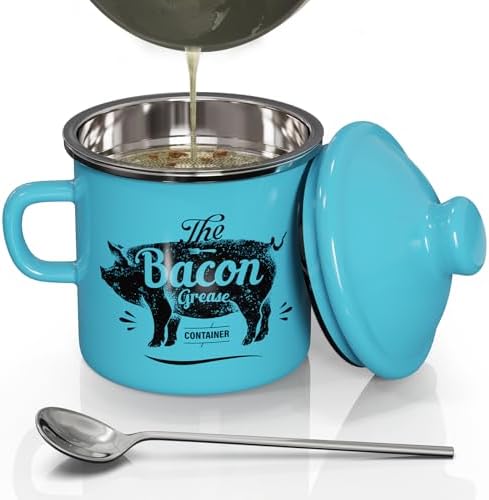 Bacon Grease Container with Strainer-15OZ Enamel Saver, Dishwasher Safe