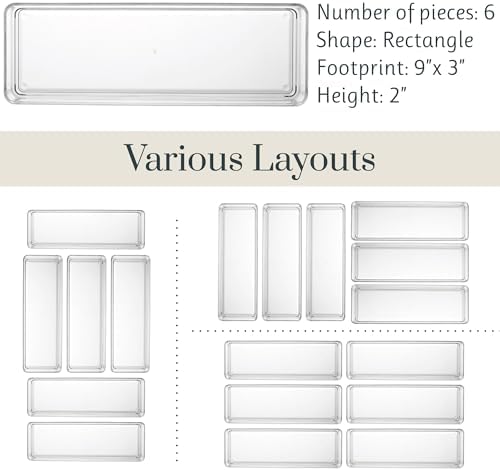 STORi SimpleSort 6-Piece Stackable Clear Drawer Organizer Set | 9" x 3" x 2" Rectangle Trays | Narrow Makeup Vanity Storage Bins and Office Desk Drawer Dividers | Made in USA