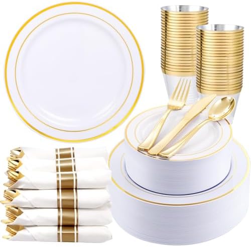 WDF Partyware 350Piece Gold Dinnerware Set for 50 Guests - Gold Plastic Plates with Disposable Cutlery - 50Dinner Plates-50Dessert Plates-50Pre Rolled Napkins with Silverware for Wedding/Birthday
