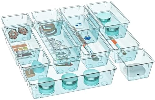 12 Pack Clear Drawer Organizer Set, Drawer Storage Trays, Storage Bins
