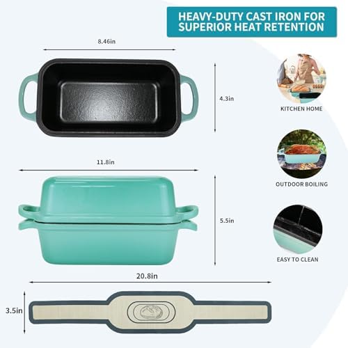 Blisswave Cast Iron Bread Pan with Lid - 2-in-1 Dual Set, Includes 2 Bread Mats - Bread Baking Pan for Homemade Bread, Cakes, Patties - Even Heating - 2-Piece Set (Lake Blue)