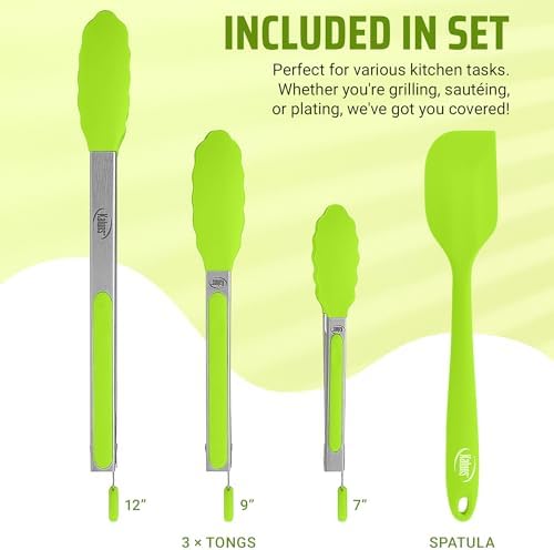 Kaluns Kitchen Tongs for Cooking Grilling Set of 4, BBQ Grill Tongs With Silicone Tip Stainless Steel Heat Resistant, Non-stick Pull Lock, Incl 7, 9, 12 Inch Tong Plus a Silicone Spatula