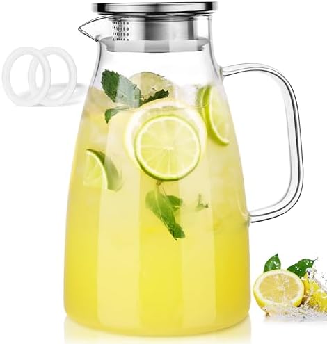68oz Glass Pitcher with Lid, Borosilicate Pitcher with Handle and Spout