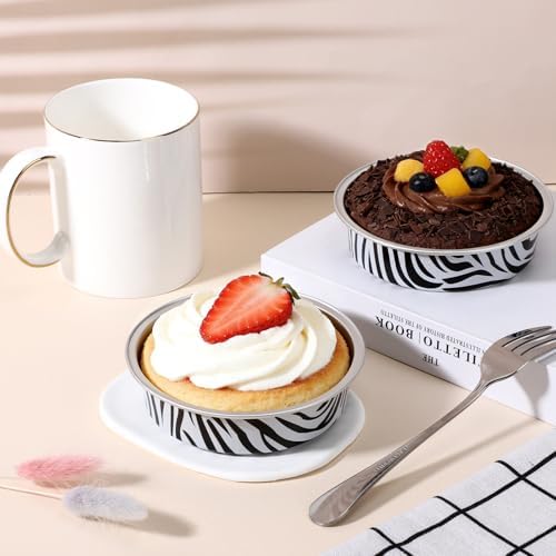 Beasea Disposable Baking Cups, 100 Pack 7.3oz 215ml Aluminum Foil Ramekins Only, 4" Mini Tart Pie Cups No Lids Baking Tin Ramekin for Party Cupcake Cheesecake Pie - Zebra Stripes