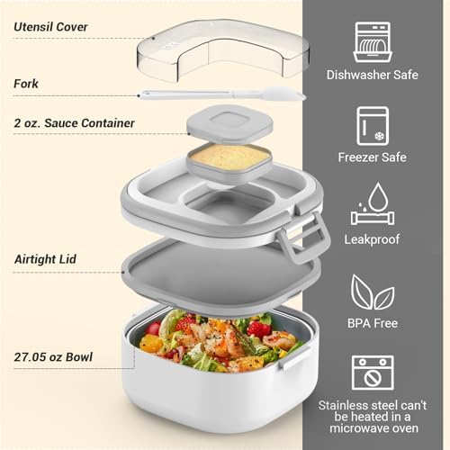 PEDECO Single-Layer Bento Lunch Box for Kids & Adults with Removable Stainless Steel Lunch Container,Dressing Container,BPA-Free,Dishwasher Safe - Includes Utensil(White,Not Insulated)