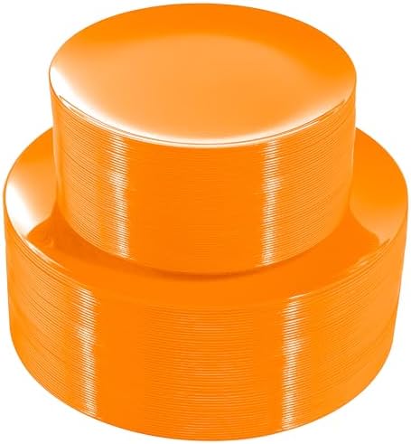 PULOTE 100PCS Orange Plastic Plates - Premium Hard Orange Disposable Include 50 Each(10.25 Inch Dinner & 7.5 Inch Dessert) Plates, Ideal for Party