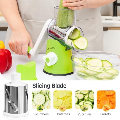 Rotary Cheese Grater Hand Crank, 3 Blades Slicer Shredder, Cheese Grater for Kitchen, Multi-Functional Kitchen Tool for Vegetables, Nuts, Chocolate, with Strong Suction Base, Green