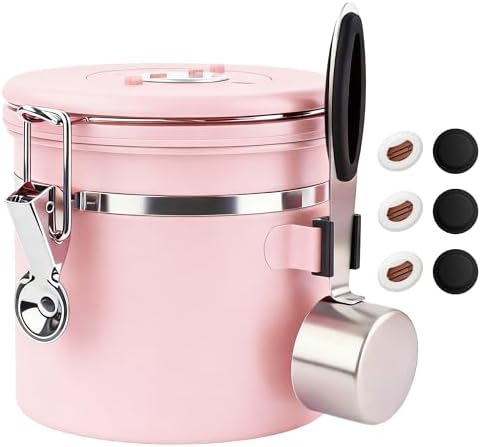ShanSon Coffee Canister Airtight, Stainless Steel Bean Storage Container with Date Tracker & Scoop, Grounds Sugar Flour Tea Cereal Fits Kitchen Pantry, Ideal Gift for Coffee Lovers,12oz, Pink