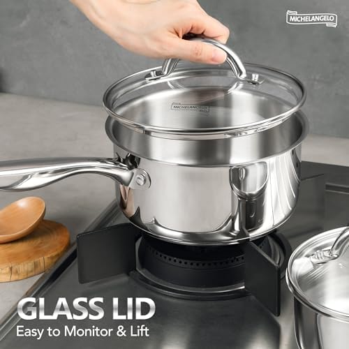 MICHELANGELO Saucepan Set 4pc, 18/10 Stainless Steel Sauce Pan with Lid, Tri-Ply Bottom Sauce Pot Set, Nonstick Saucepan, Dishwasher Safe, 1QT & 2QT