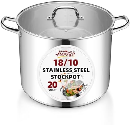 Herogo 20-Quart 18/10 Stainless Steel Stock Pot with Lid, Large Heavy Duty Soup Pot Compatible with Electric, Gas, Induction and Gas Cooktops, Non-Toxic & Corrosion Resistant, Dishwasher Safe