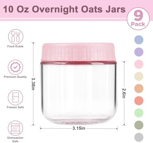 Overnight Oats Containers with Lids, 10oz Wide Mouth Mason Jars with Lids, 9 Pack Glass Jars with Airtight lid for Chia Pudding Yogurt Salad, Meal Prer Oatmeal Jars, Pink